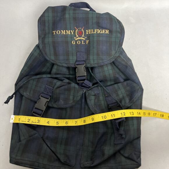 Vintage Tommy Hilfiger Spell Out Drawstring Cinch Backpack Navy Blue Green Plaid - Picture 9 of 9